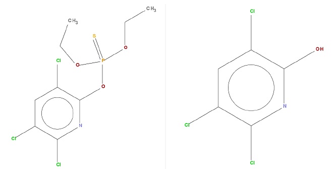 A) Chemical structure of Chlorpyrifos, B) Chemical structure of TCP (United States Environmental Protection Agency, 2018)