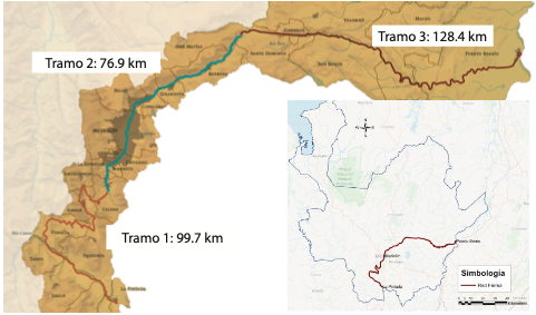 Localización del proyecto en el departamento de Antioquia y sus tres tramos. Fuente: Elaboración propia a partir de (Consorcio Ferrocarril de Antioquia 2017 – CFA2017, 2018)