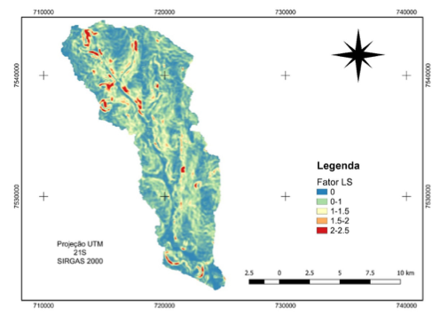 Carta do Fator topográfico da Bacia Hidrográfica do Córrego Curral de Arame – Fator LS.